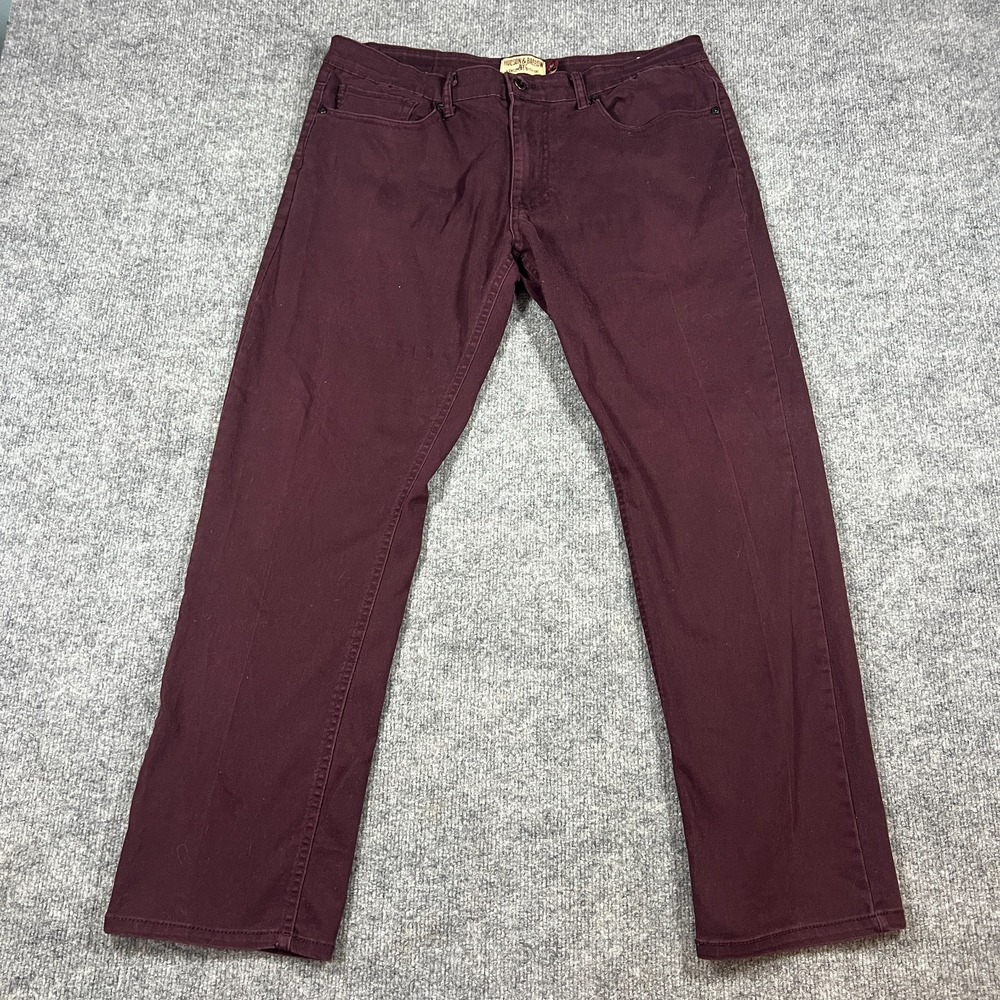 Hudson & Barrow Slim Straight Jeans Mens 36x32 Burgundy Cotton Stretch Mid Rise